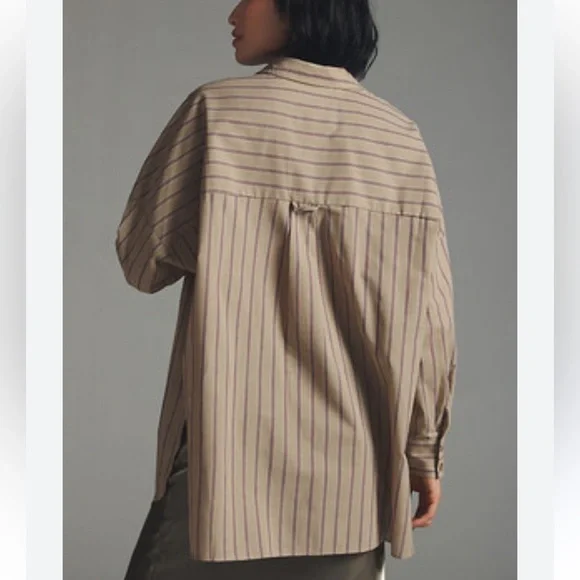 BOGO! Anthropologie Pilcro Boyfriend Button Down Oversized Tan Stripe Size XS - Picture 9 of 9